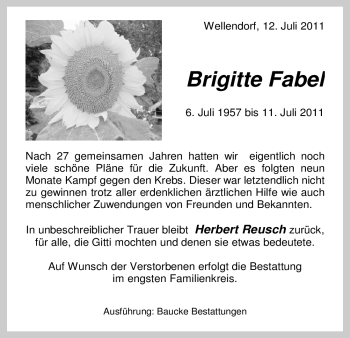 Traueranzeige von Brigitte Fabel von ALLGEMEINE ZEITUNG UELZEN