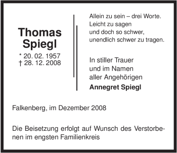 Traueranzeige von Thomas Spiegl von ALLGEMEINE ZEITUNG UELZEN