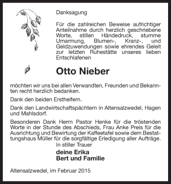 Traueranzeige von Otto Nieber von Uelzen