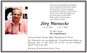 Traueranzeige von Jörg Warnecke von ALLGEMEINE ZEITUNG UELZEN