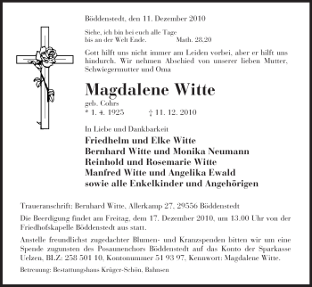 Traueranzeige von Magdalene Witte von ALLGEMEINE ZEITUNG UELZEN