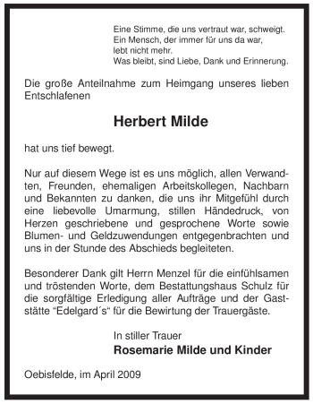 Traueranzeige von Herbert Milde von ALLGEMEINE ZEITUNG UELZEN