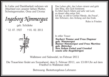 Traueranzeige von Ingeborg Nimmergut von ALLGEMEINE ZEITUNG UELZEN