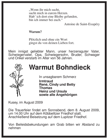 Traueranzeige von Warmut Bohndieck von ALLGEMEINE ZEITUNG UELZEN