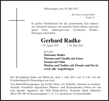 Traueranzeige von Gerhard Radke von ALLGEMEINE ZEITUNG UELZEN