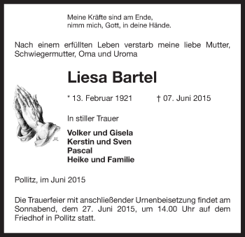 Traueranzeige von Liesa Bartel von Uelzen