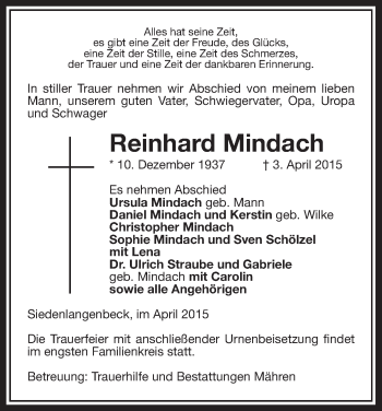 Traueranzeige von Reinhard Mindach von Uelzen