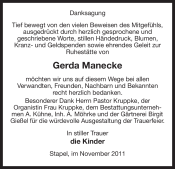 Traueranzeige von Gerda Manecke von ALLGEMEINE ZEITUNG UELZEN