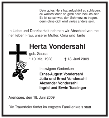 Traueranzeige von Herta Vondersahl von ALLGEMEINE ZEITUNG UELZEN