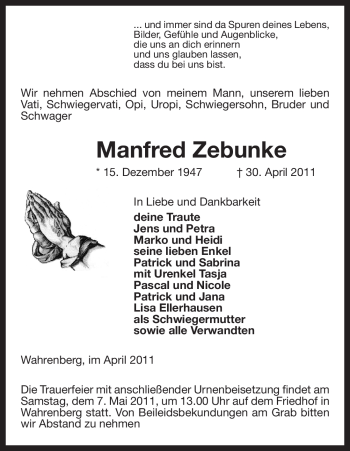 Traueranzeige von Manfred Zebunke von ALLGEMEINE ZEITUNG UELZEN