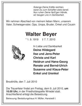 Traueranzeige von Walter Beyer von ALLGEMEINE ZEITUNG UELZEN