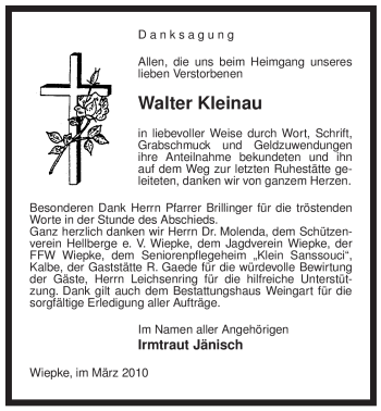 Traueranzeige von Walter Kleinau von ALLGEMEINE ZEITUNG UELZEN