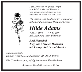 Traueranzeige von Hilde Adams von ALLGEMEINE ZEITUNG UELZEN