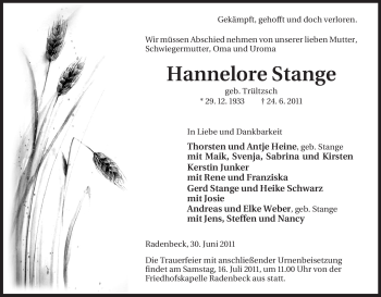 Traueranzeige von Hannelore Stange von ALLGEMEINE ZEITUNG UELZEN
