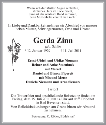 Traueranzeige von Gerda Zinn von ALLGEMEINE ZEITUNG UELZEN