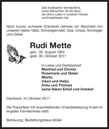 Traueranzeige von Rudi Mette von ALLGEMEINE ZEITUNG UELZEN