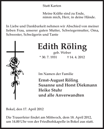 Traueranzeige von Edith Röling von ALLGEMEINE ZEITUNG UELZEN