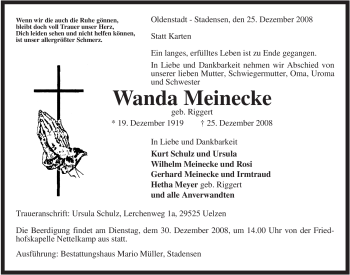 Traueranzeige von Wanda Meinecke von ALLGEMEINE ZEITUNG UELZEN