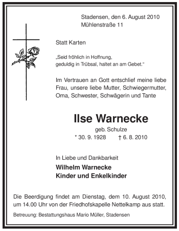 Traueranzeige von Ilse Warnecke von ALLGEMEINE ZEITUNG UELZEN