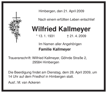 Traueranzeige von Wilfried Kallmeyer von ALLGEMEINE ZEITUNG UELZEN