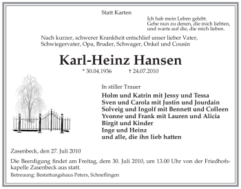 Traueranzeige von Karl-Heinz Hansen von ALLGEMEINE ZEITUNG UELZEN