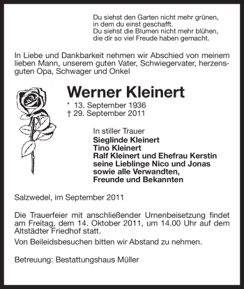 Traueranzeige von Werner Kleinert von ALLGEMEINE ZEITUNG UELZEN