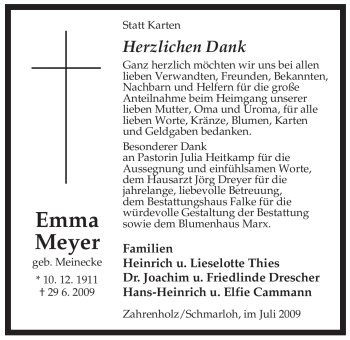 Traueranzeige von Emma Meyer von ALLGEMEINE ZEITUNG UELZEN