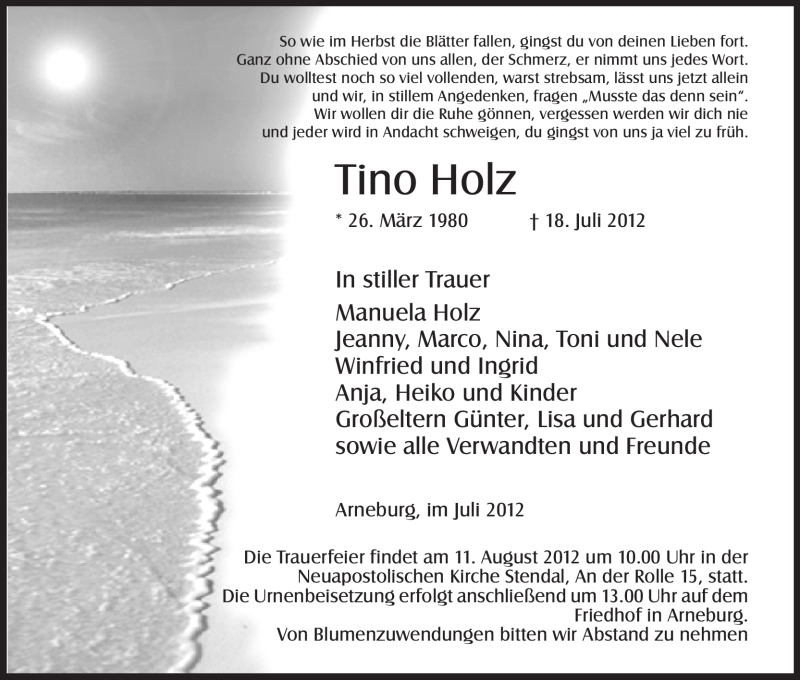  Traueranzeige für Tino Holz vom 28.07.2012 aus ALLGEMEINE ZEITUNG UELZEN