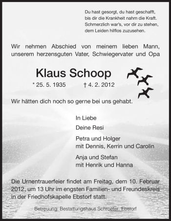 Traueranzeige von Klaus Schoop von ALLGEMEINE ZEITUNG UELZEN