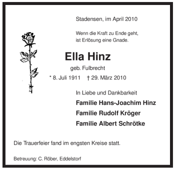 Traueranzeige von Ella Hinz von ALLGEMEINE ZEITUNG UELZEN