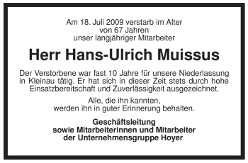 Traueranzeige von Hans-Ulrich Muissus von ALLGEMEINE ZEITUNG UELZEN