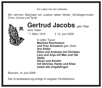 Traueranzeige von Gertrud Jacobs von ALLGEMEINE ZEITUNG UELZEN