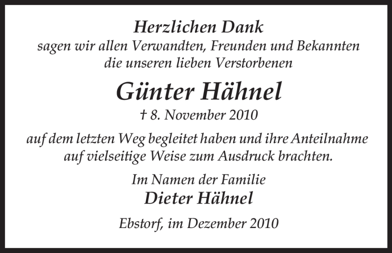 Traueranzeige für Günter Hähnel vom 04.12.2010 aus ALLGEMEINE ZEITUNG UELZEN