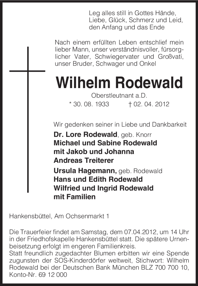  Traueranzeige für Wilhelm Rodewald vom 04.04.2012 aus ALLGEMEINE ZEITUNG UELZEN