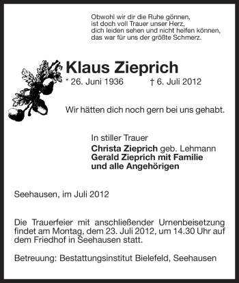Traueranzeige von Klaus Zieprich von ALLGEMEINE ZEITUNG UELZEN