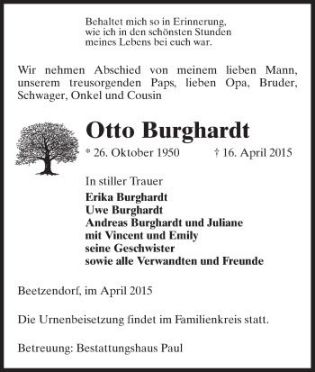 Traueranzeige von Otto Burghardt von Uelzen