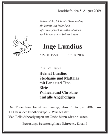 Traueranzeige von Inge Lundius von ALLGEMEINE ZEITUNG UELZEN