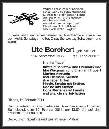 Traueranzeige von Ute Borchert von ALLGEMEINE ZEITUNG UELZEN