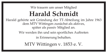 Traueranzeige von Harald Schmidt von ALLGEMEINE ZEITUNG UELZEN