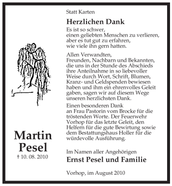 Traueranzeige von Martin Pesel von ALLGEMEINE ZEITUNG UELZEN