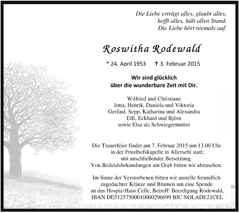  Traueranzeige für Roswitha Rodewald vom 05.02.2015 aus Uelzen