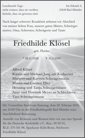 Traueranzeige von Friedhilde Klösel von ALLGEMEINE ZEITUNG UELZEN