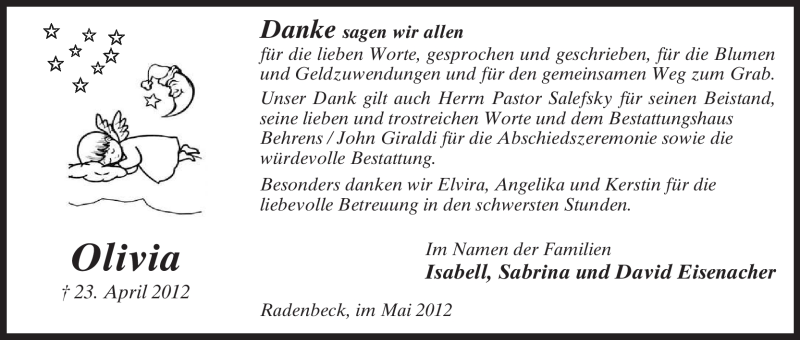  Traueranzeige für Olivia Unbekannt vom 26.05.2012 aus ALLGEMEINE ZEITUNG UELZEN