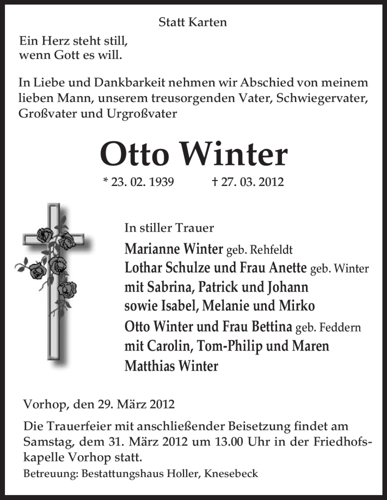  Traueranzeige für Otto Winter vom 29.03.2012 aus ALLGEMEINE ZEITUNG UELZEN