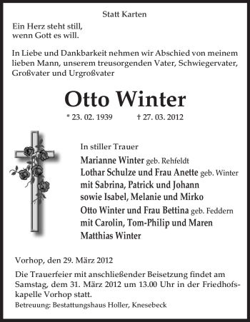 Traueranzeige von Otto Winter von ALLGEMEINE ZEITUNG UELZEN