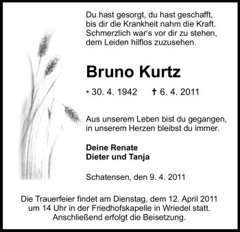 Traueranzeige von Bruno Kurtz von ALLGEMEINE ZEITUNG UELZEN