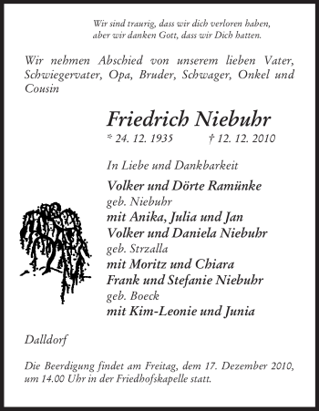 Traueranzeige von Friedrich Niebuhr von ALLGEMEINE ZEITUNG UELZEN