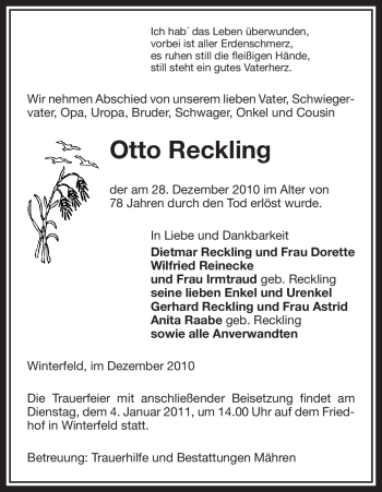 Traueranzeige von Otto Reckling von ALLGEMEINE ZEITUNG UELZEN