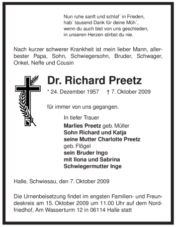 Traueranzeige von Richard Preetz von ALLGEMEINE ZEITUNG UELZEN