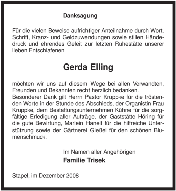 Traueranzeige von Gerda Elling von ALLGEMEINE ZEITUNG UELZEN